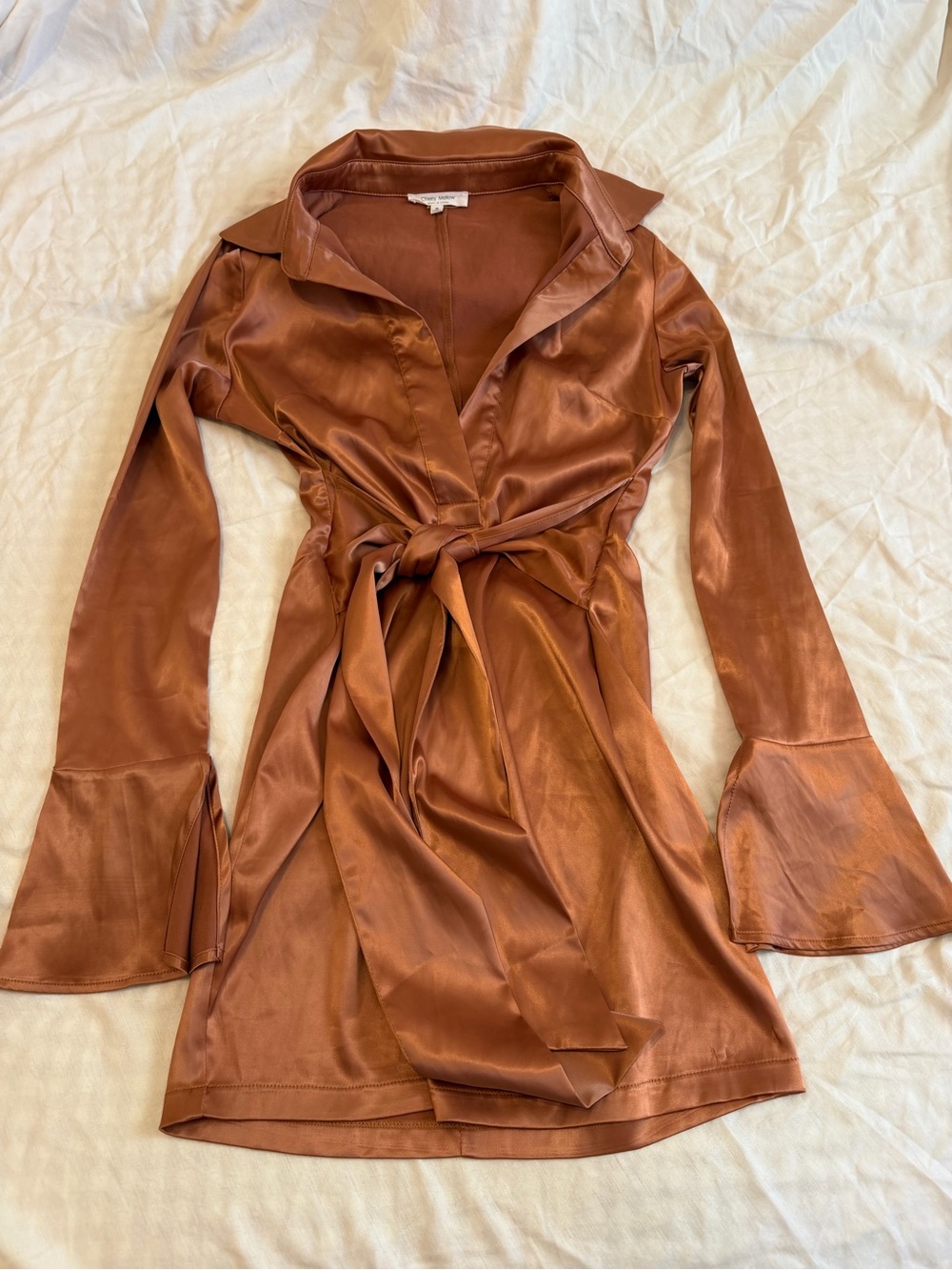 Cherry Mellow Satin Tie-Waist Dress in Copper